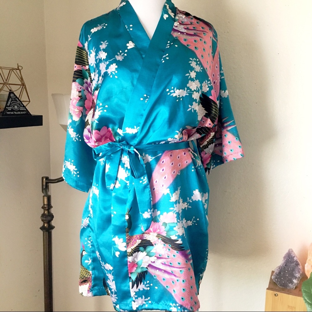 Silky Peacock Kimono Robe